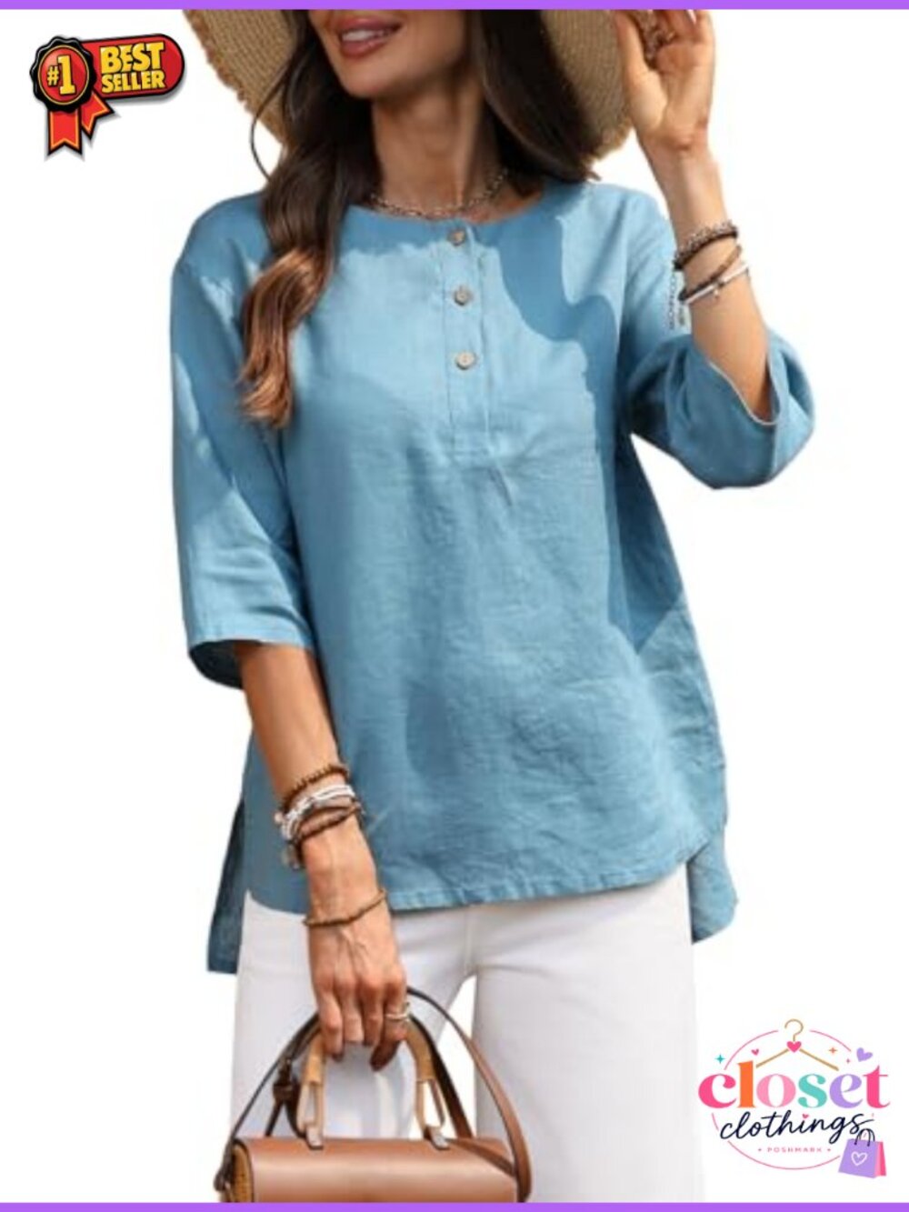100% Linen Henley Tunic Top 3/4 Sleeve Slit Irregular Hem Button Up Shirt